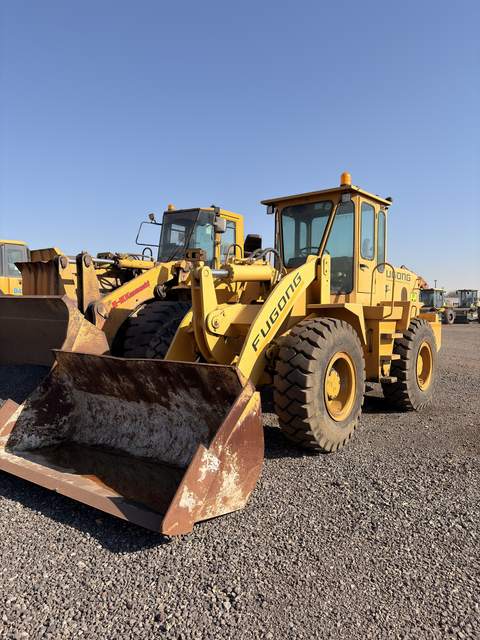 Used Fugong front end loader, front three-quarter view with the bucket down