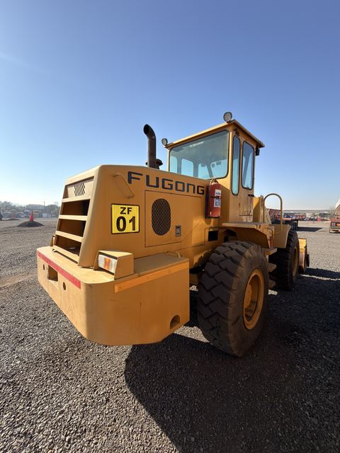 Used Fugong front end loader, rear three-quarter view of the engine hood