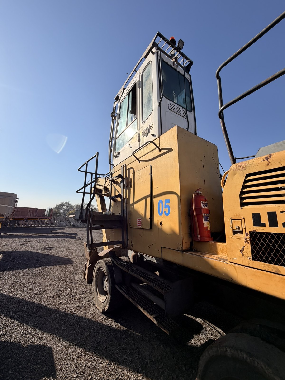 Used Liebherr 924 material handler, rear view of the engine grille and counterweight